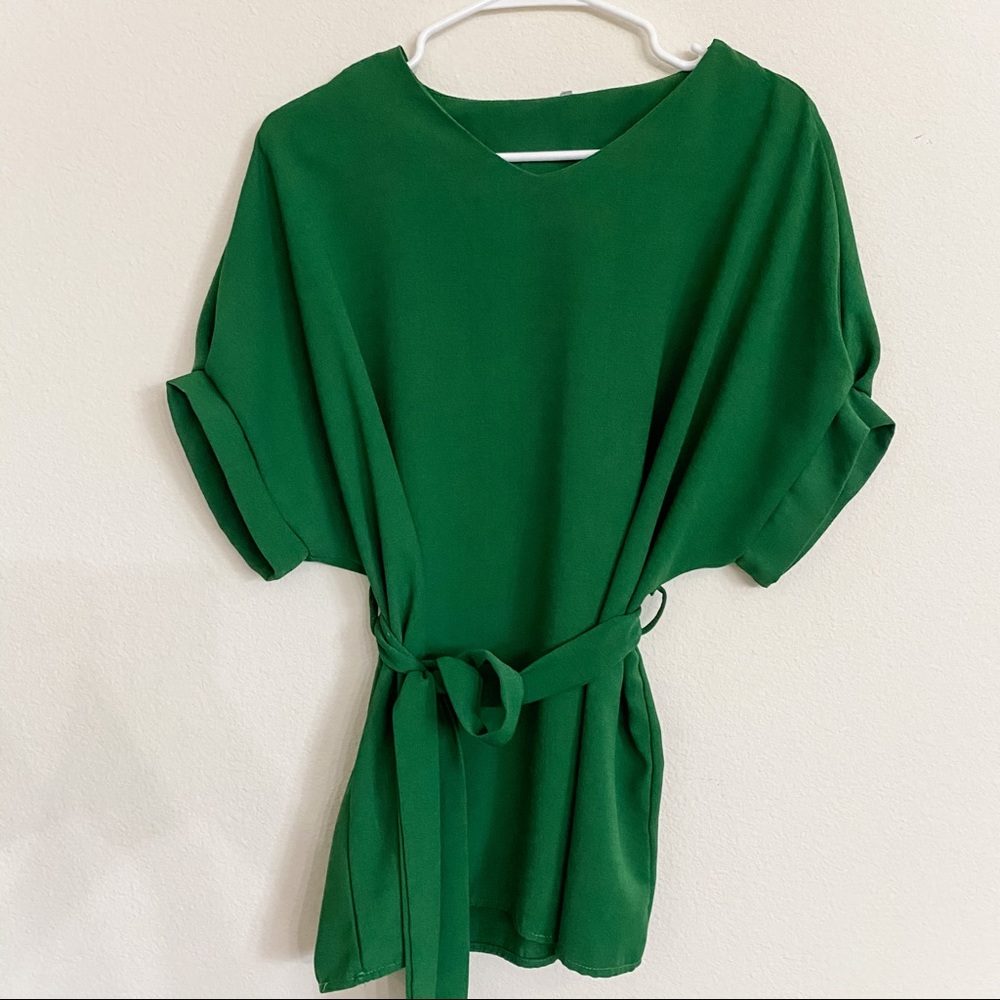 V Neck Self Tie Waist Blouse